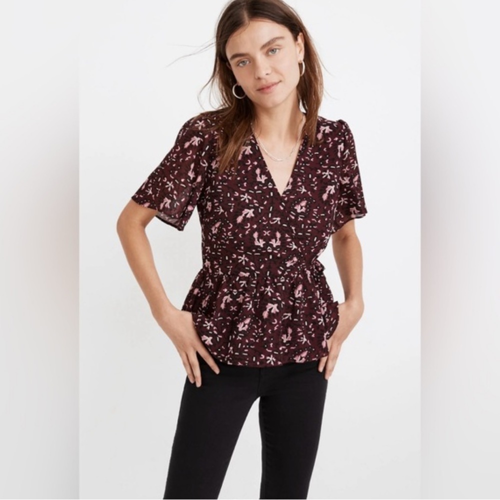 Madewell Burgundy Floral Wrap Blouse